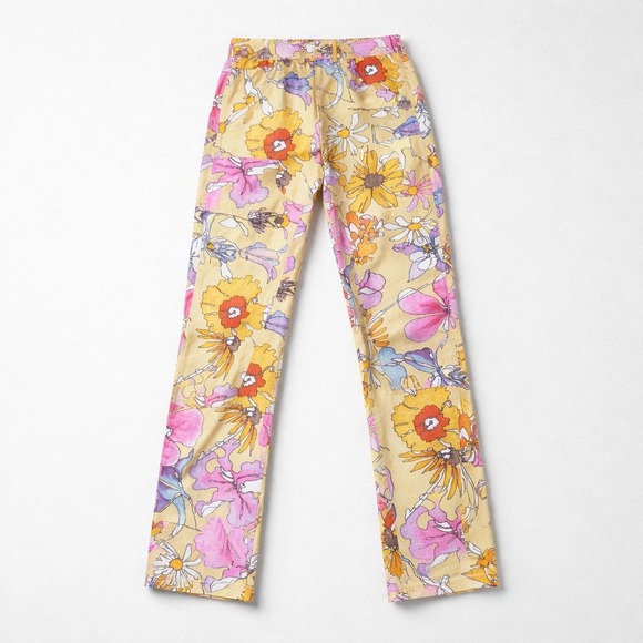 Keith Kelly NYC Floral Carpenter Pants Yellow Pink Straight Leg Utility Small